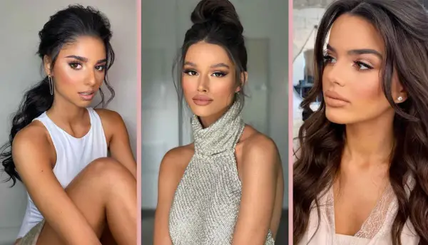 Tre donne con carnagione olivastra esaltata da makeup sui toni del nude e bronzo. Colori che stanno bene alle more con carnagione olivastra.