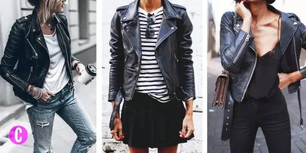 Tre modi per indossare una giacca di pelle: con jeans strappati, gonna a pieghe o pantaloni neri. Perfetta per ogni occasione.