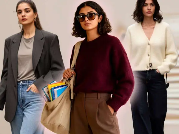 Tre donne mostrano un outfit da insegnante donna: blazer grigio, maglione bordeaux e cardigan bianco, con jeans e pantaloni eleganti.