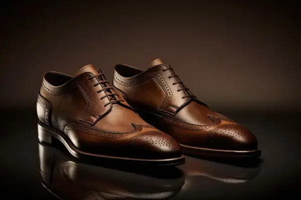 Eleganti scarpe stringate in pelle marrone, un esempio di diversi tipi di scarpe classiche da uomo con decorazioni traforate.