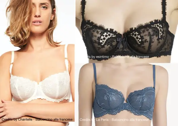 Modelli di reggiseno a balconcino in pizzo bianco, nero e blu.